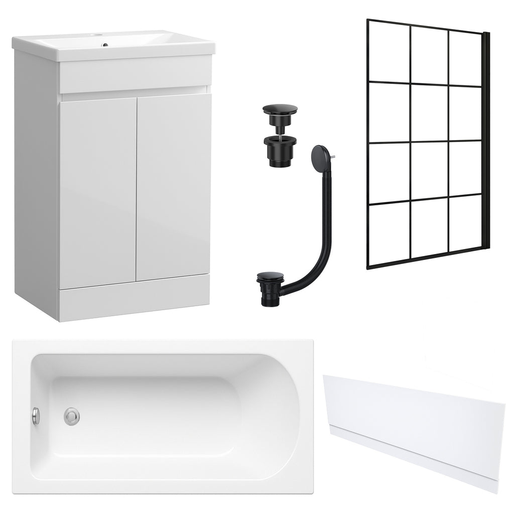 Waterproof 500mm Vanity Unit with Single Ended Bath, Gloss White Front Panel, Matt Black Screen, Bath & Universal Basin Waste