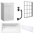 Waterproof 500mm Vanity Unit with Single Ended Bath, Gloss White Front Panel, Matt Black Screen, Bath & Universal Basin Waste