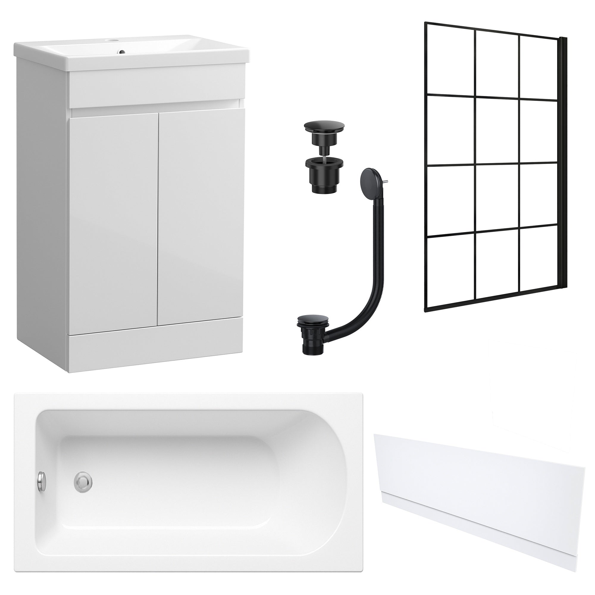 Waterproof 500mm Vanity Unit with Single Ended Bath, Gloss White Front Panel, Matt Black Screen, Bath & Universal Basin Waste