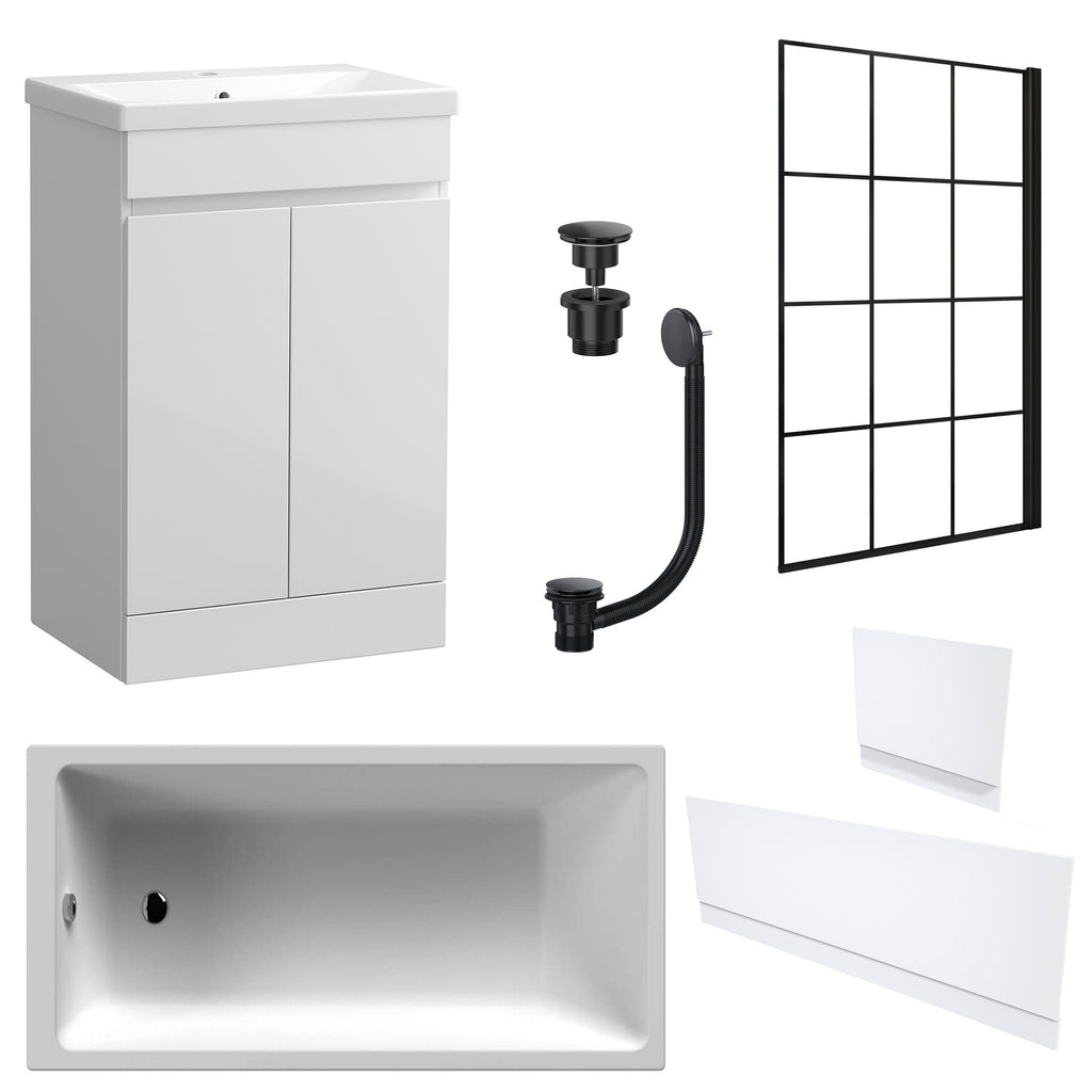 Waterproof 500mm Vanity Unit with Single Ended Bath, Gloss White Panels, Matt Black Screen, Bath & Universal Basin Waste