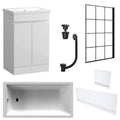 Waterproof 500mm Vanity Unit with Single Ended Bath, Gloss White Panels, Matt Black Screen, Bath & Universal Basin Waste