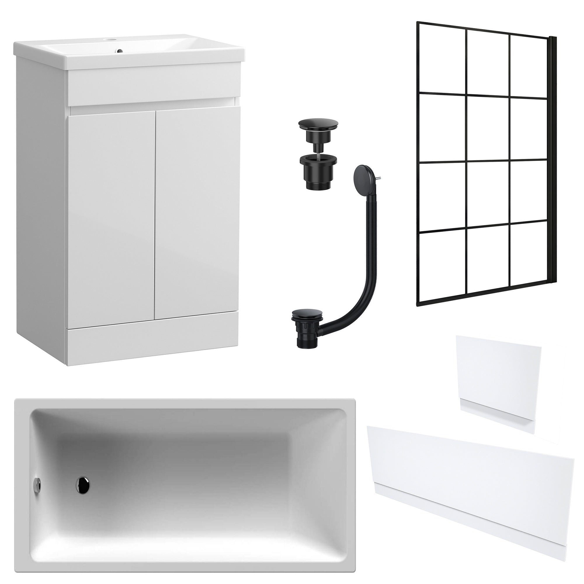 Waterproof 500mm Vanity Unit with Single Ended Bath, Gloss White Panels, Matt Black Screen, Bath & Universal Basin Waste