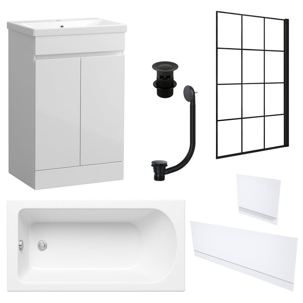 Waterproof 500mm Vanity Unit with Single Ended Bath, Gloss White Panels, Matt Black Screen, Bath & Slotted Basin Waste