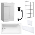 Waterproof 500mm Vanity Unit with Single Ended Bath, Gloss White Panels, Matt Black Screen, Bath & Slotted Basin Waste