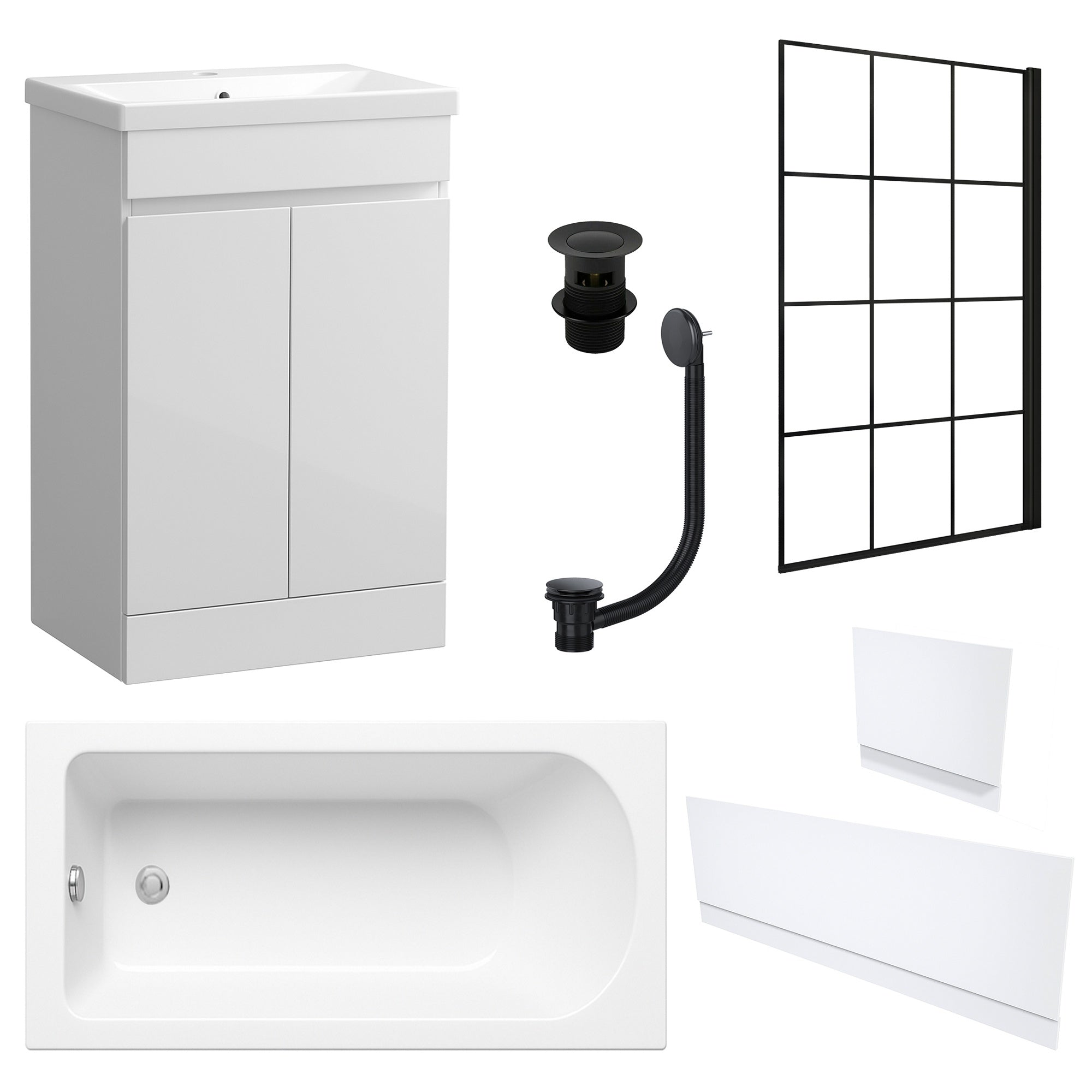 Waterproof 500mm Vanity Unit with Single Ended Bath, Gloss White Panels, Matt Black Screen, Bath & Slotted Basin Waste