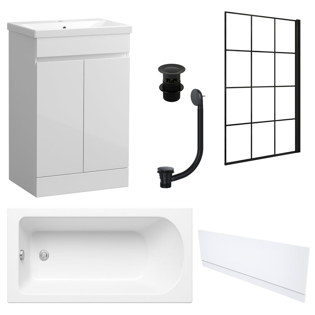 Waterproof 500mm Vanity Unit with Single Ended Bath, Gloss White Front Panel, Matt Black Screen, Bath & Slotted Basin Waste
