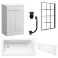 Waterproof 500mm Vanity Unit with Single Ended Bath, Gloss White Front Panel, Matt Black Screen, Bath & Slotted Basin Waste