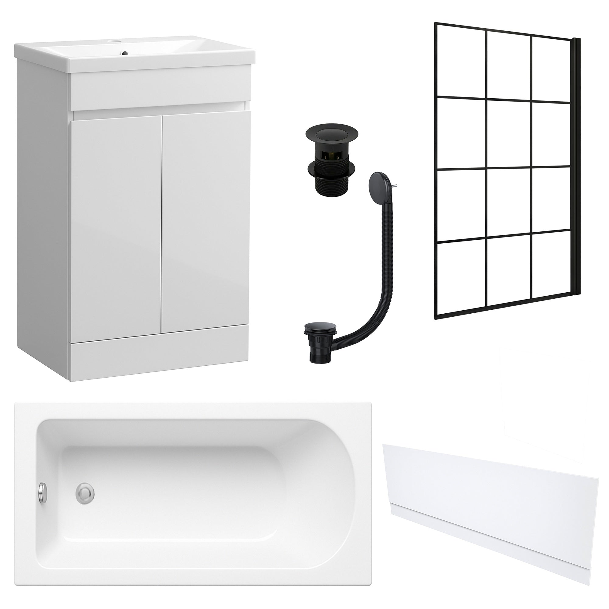 Waterproof 500mm Vanity Unit with Single Ended Bath, Gloss White Front Panel, Matt Black Screen, Bath & Slotted Basin Waste