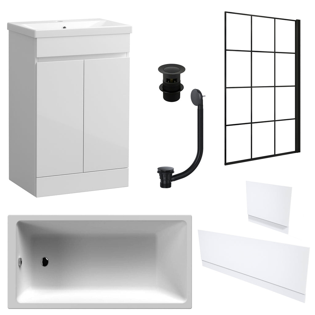Waterproof 500mm Vanity Unit with Single Ended Bath, Gloss White Panels, Matt Black Screen, Bath & Slotted Basin Waste