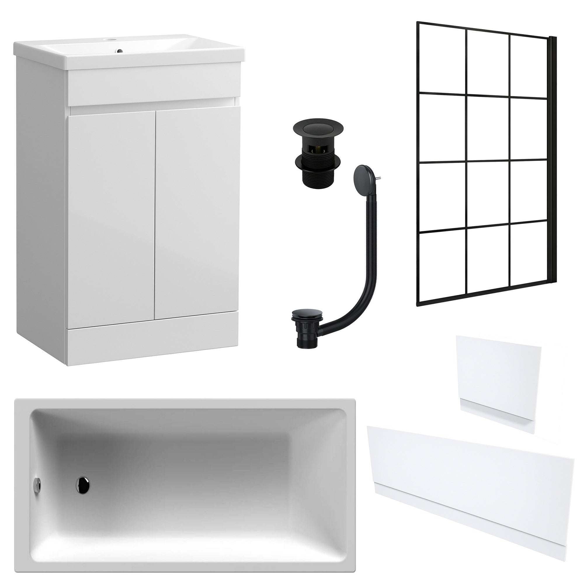 Waterproof 500mm Vanity Unit with Single Ended Bath, Gloss White Panels, Matt Black Screen, Bath & Slotted Basin Waste