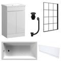 Waterproof 500mm Vanity Unit with Single Ended Bath, Gloss White Front Panel, Matt Black Screen, Bath & Slotted Basin Waste