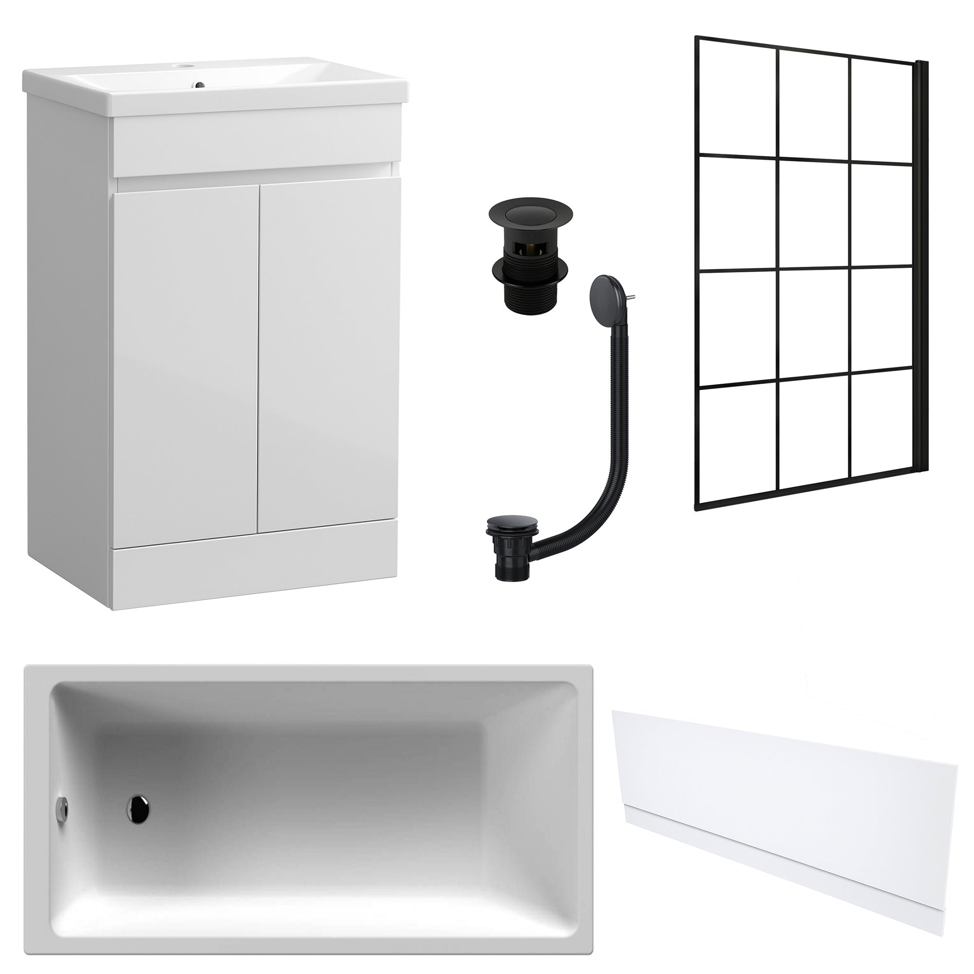 Waterproof 500mm Vanity Unit with Single Ended Bath, Gloss White Front Panel, Matt Black Screen, Bath & Slotted Basin Waste