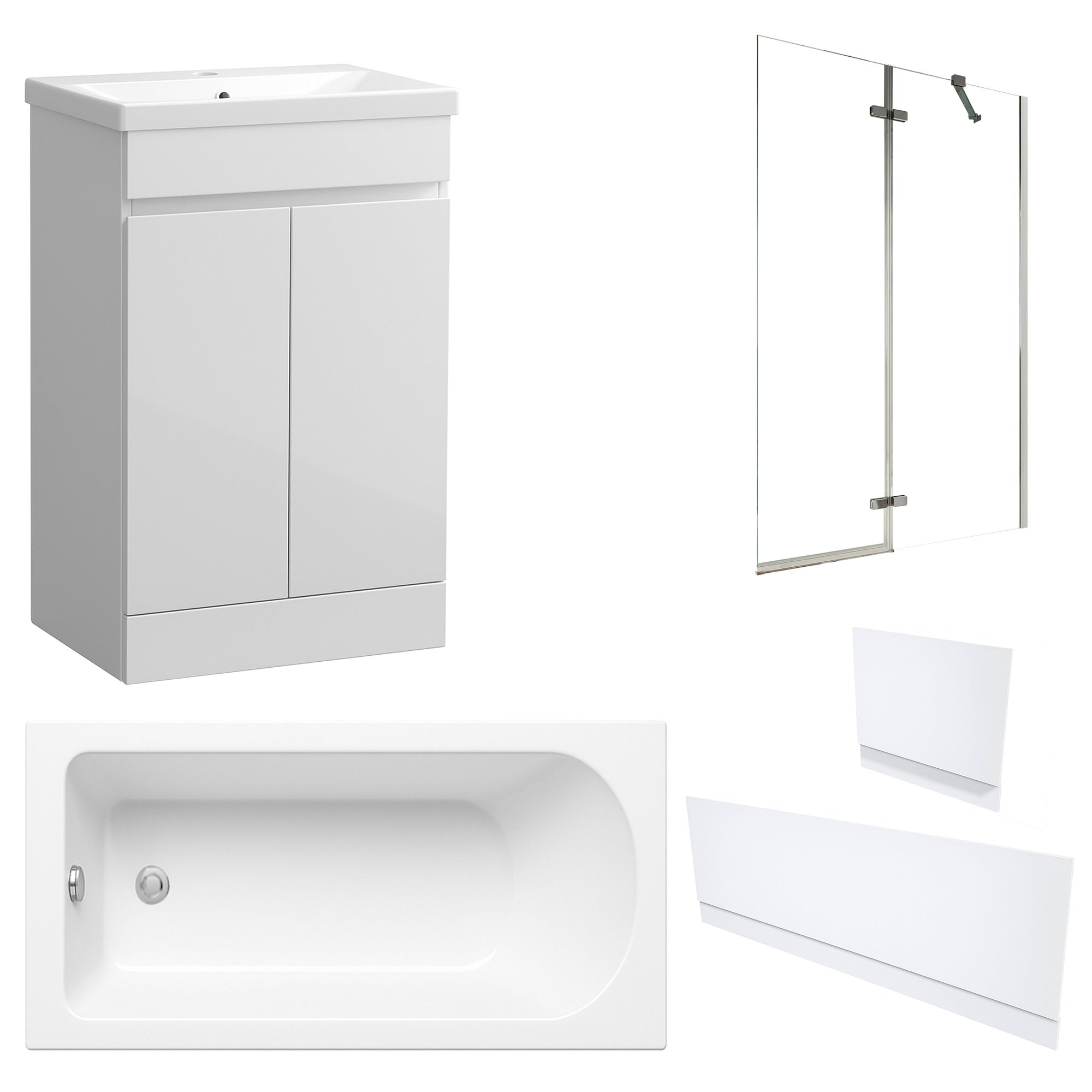 Waterproof 500mm Vanity Unit with Single Ended Bath, Gloss White Panels & Chrome Profile Bath Screen
