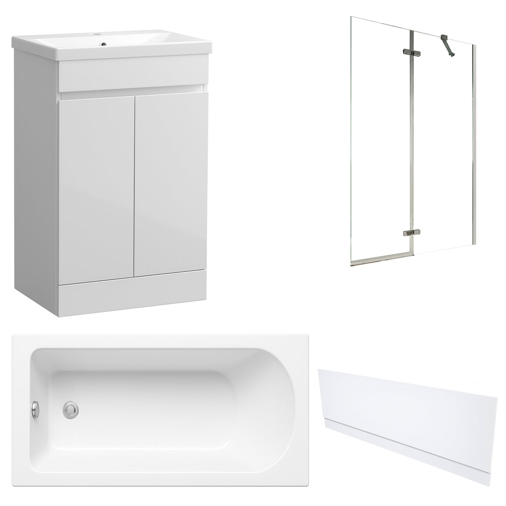 Waterproof 500mm Vanity Unit with Single Ended Bath, Gloss White Front Panel & Chrome Profile Bath Screen