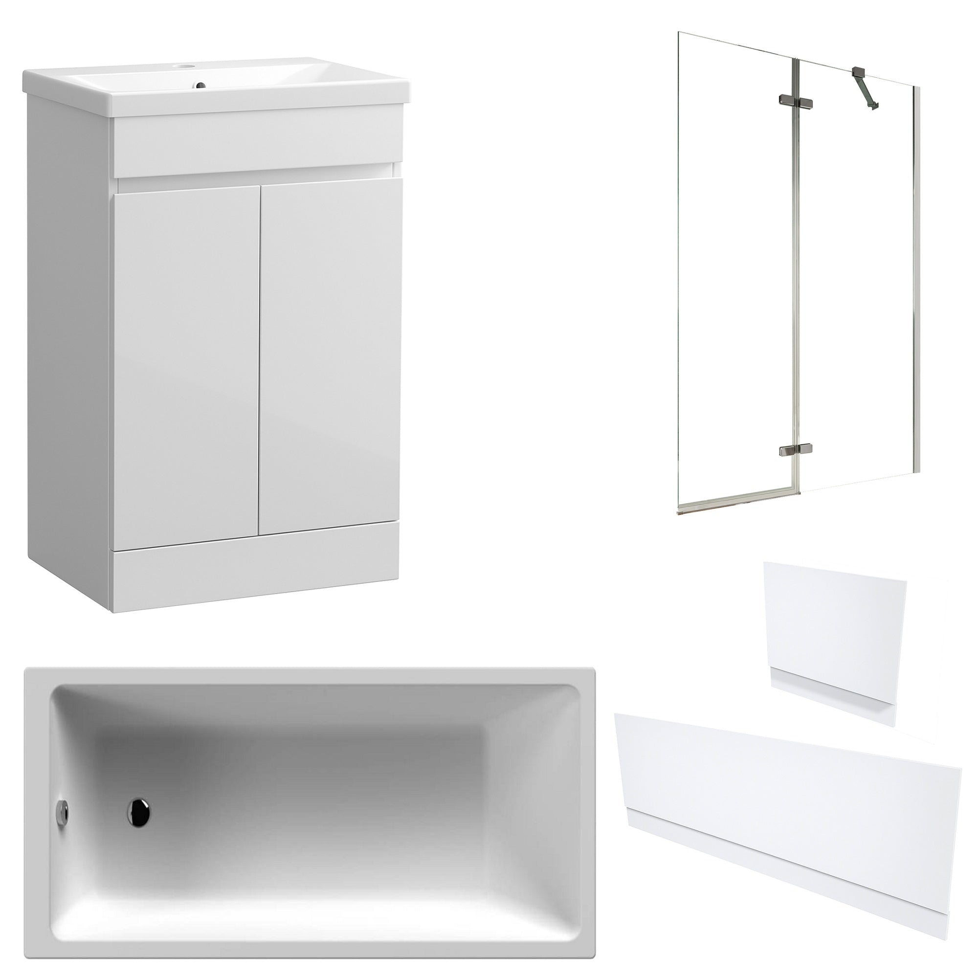 Waterproof 500mm Vanity Unit with Single Ended Bath, Gloss White Panels & Chrome Profile Bath Screen