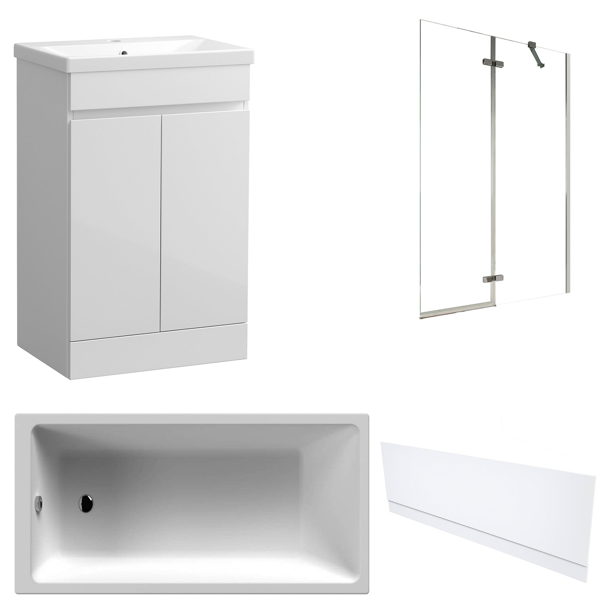 Waterproof 500mm Vanity Unit with Single Ended Bath, Gloss White Front Panel & Chrome Profile Bath Screen