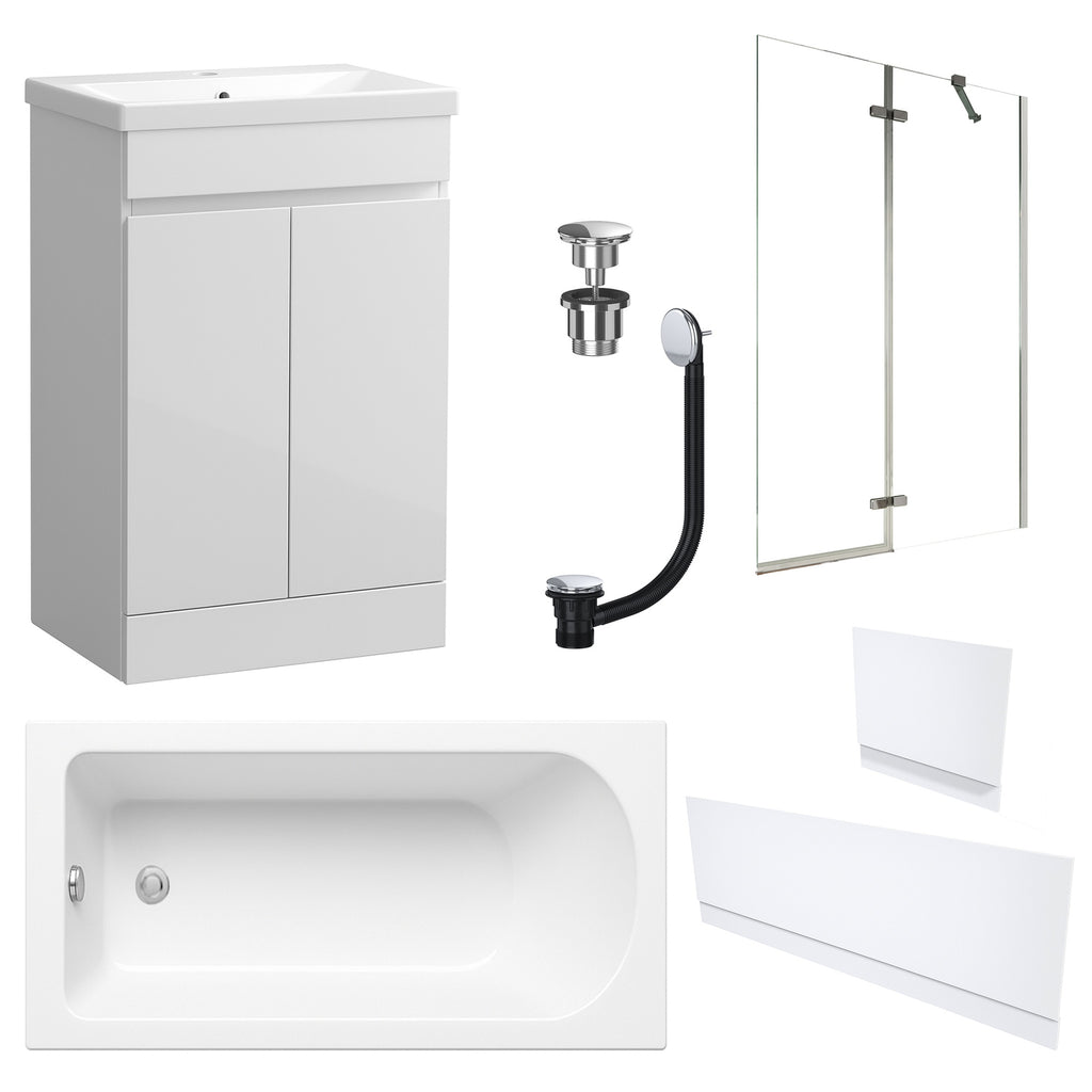 Waterproof 500mm Vanity Unit with Single Ended Bath, Gloss White Panels, Chrome Screen, Bath & Universal Basin Waste