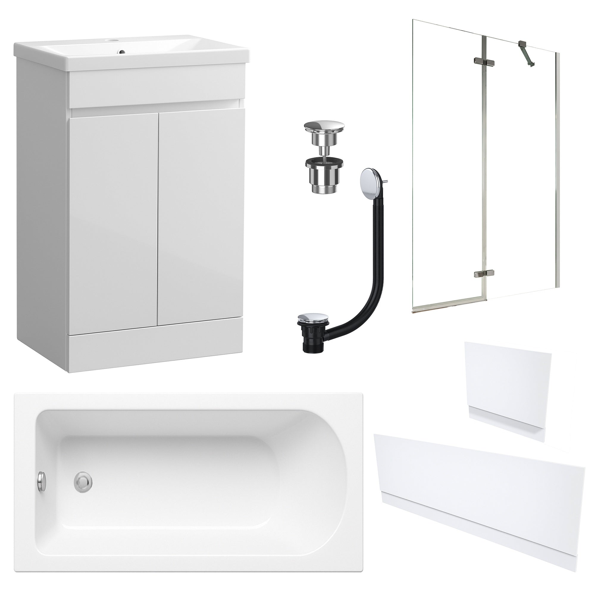 Waterproof 500mm Vanity Unit with Single Ended Bath, Gloss White Panels, Chrome Screen, Bath & Universal Basin Waste