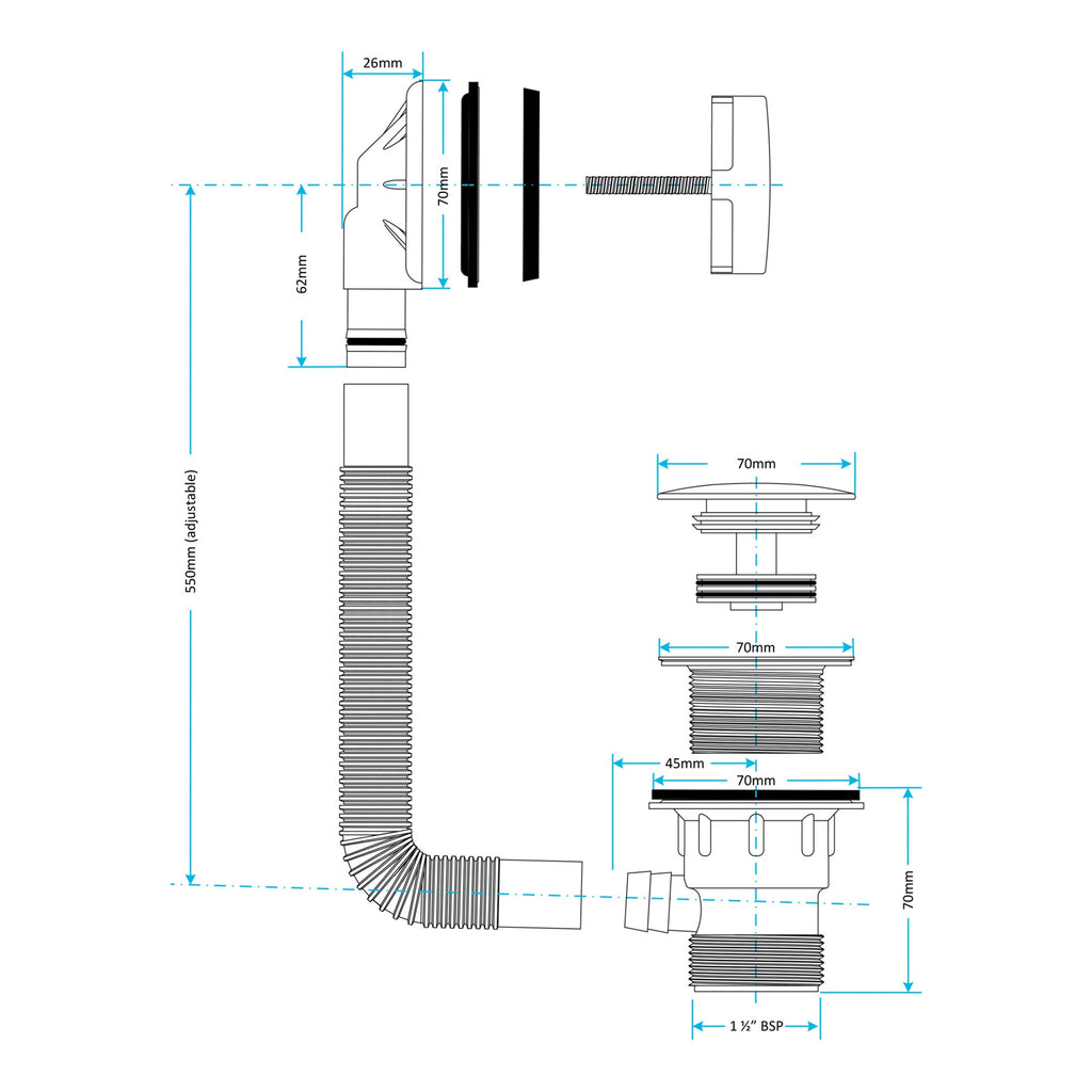 Waterproof 500mm Vanity Unit with Single Ended Bath, Gloss White Panels, Chrome Screen, Bath & Universal Basin Waste