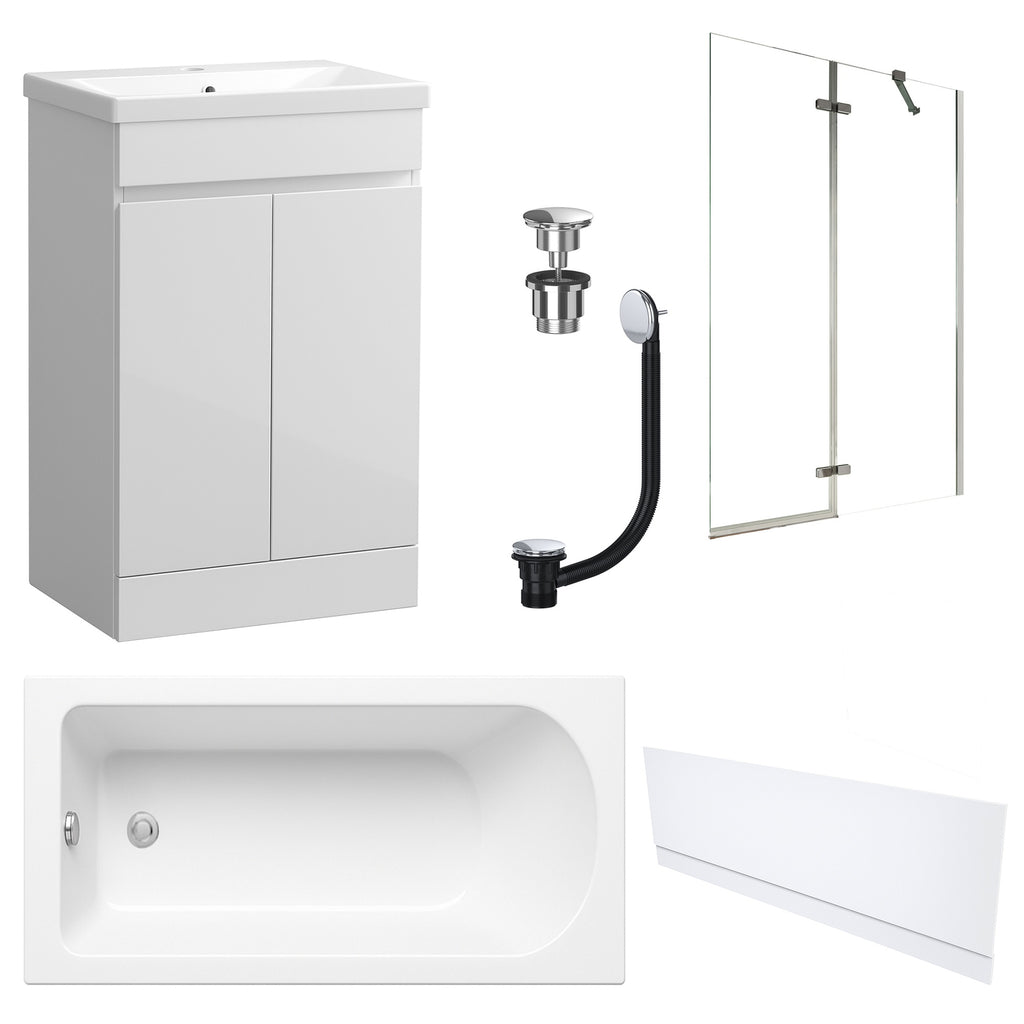 Waterproof 500mm Vanity Unit with Single Ended Bath, Gloss White Front Panel, Chrome Screen, Bath & Universal Basin Waste