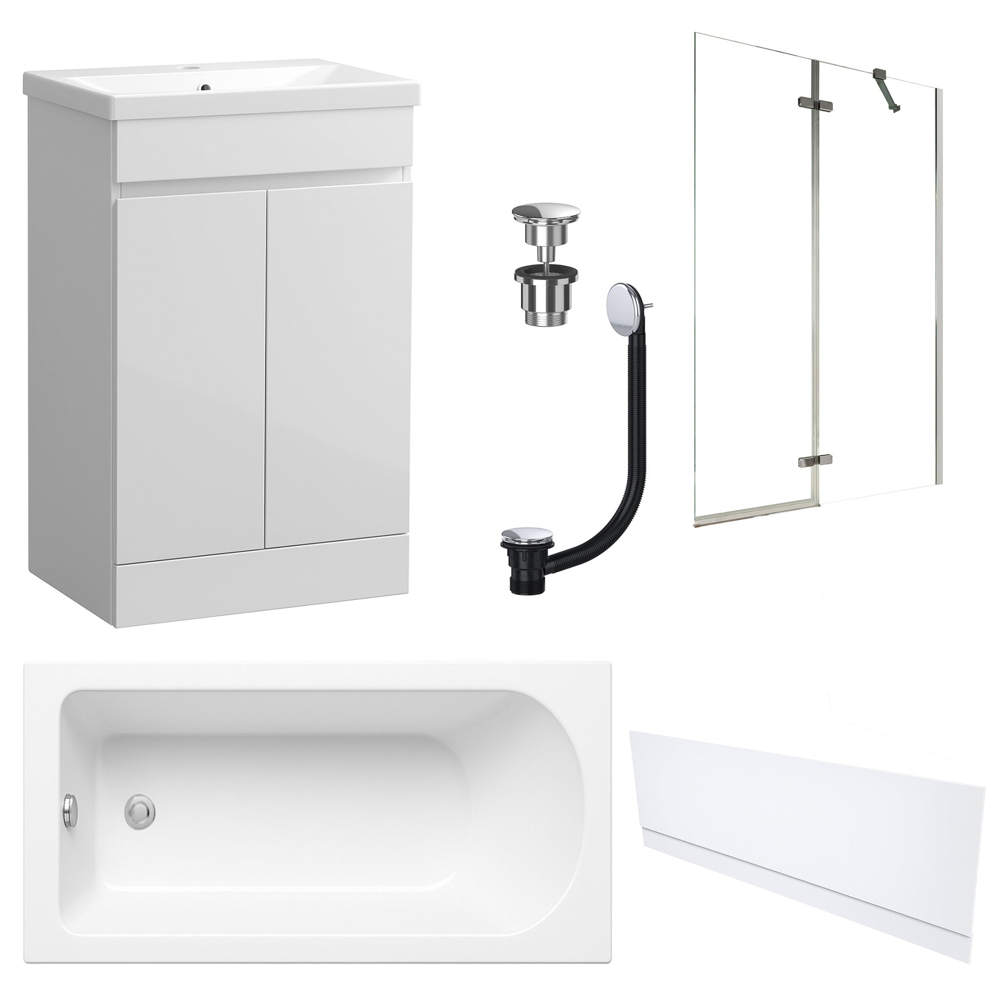 Waterproof 500mm Vanity Unit with Single Ended Bath, Gloss White Front Panel, Chrome Screen, Bath & Universal Basin Waste