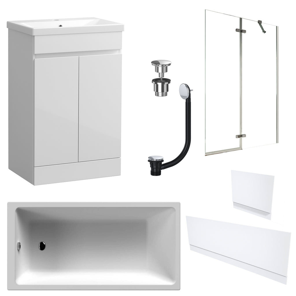 Waterproof 500mm Vanity Unit with Single Ended Bath, Gloss White Panels, Chrome Screen, Bath & Universal Basin Waste