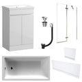 Waterproof 500mm Vanity Unit with Single Ended Bath, Gloss White Panels, Chrome Screen, Bath & Universal Basin Waste