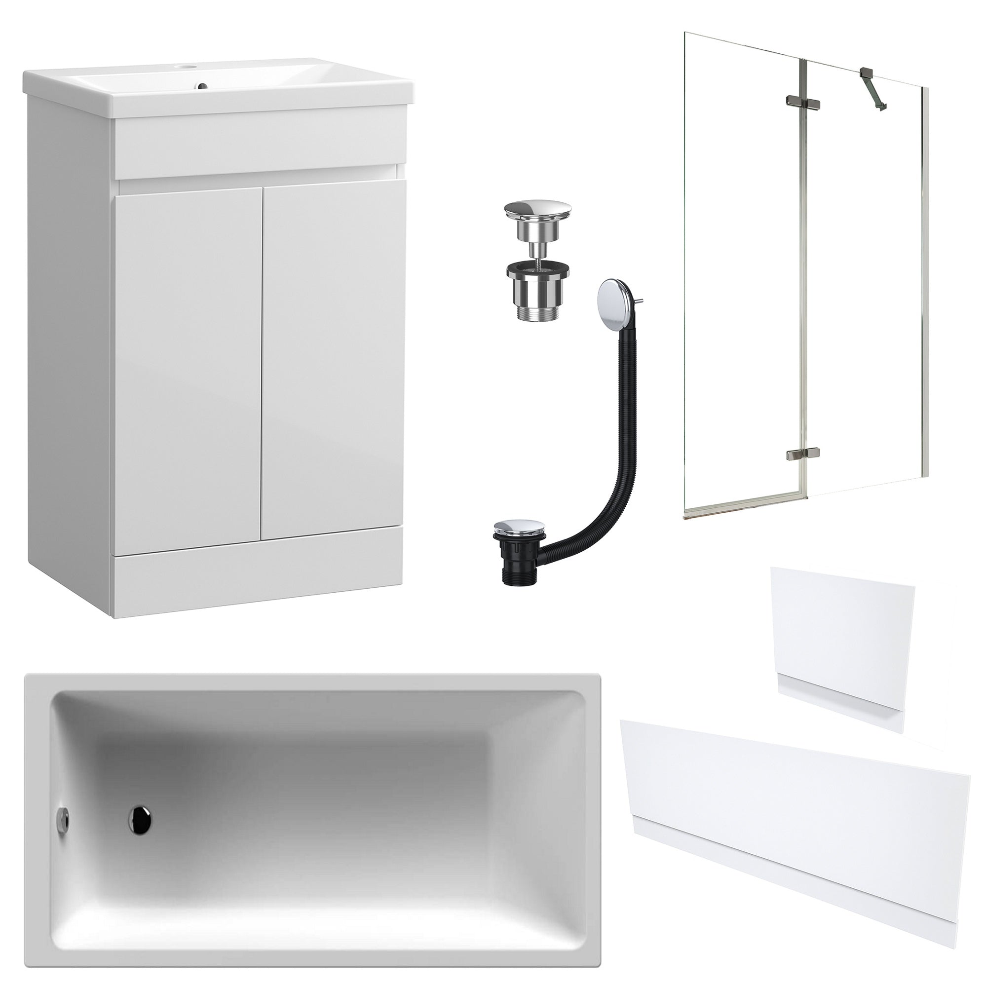 Waterproof 500mm Vanity Unit with Single Ended Bath, Gloss White Panels, Chrome Screen, Bath & Universal Basin Waste