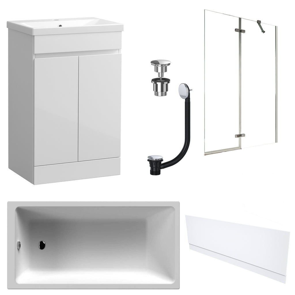Waterproof 500mm Vanity Unit with Single Ended Bath, Gloss White Front Panel, Chrome Screen, Bath & Universal Basin Waste