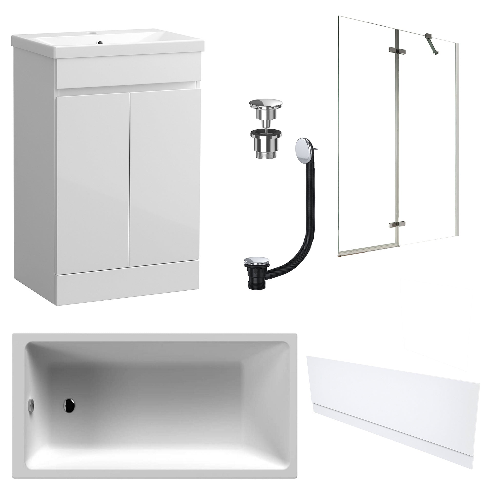 Waterproof 500mm Vanity Unit with Single Ended Bath, Gloss White Front Panel, Chrome Screen, Bath & Universal Basin Waste
