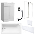 Waterproof 500mm Vanity Unit with Single Ended Bath, Gloss White Panels, Chrome Screen, Bath & Slotted Basin Waste