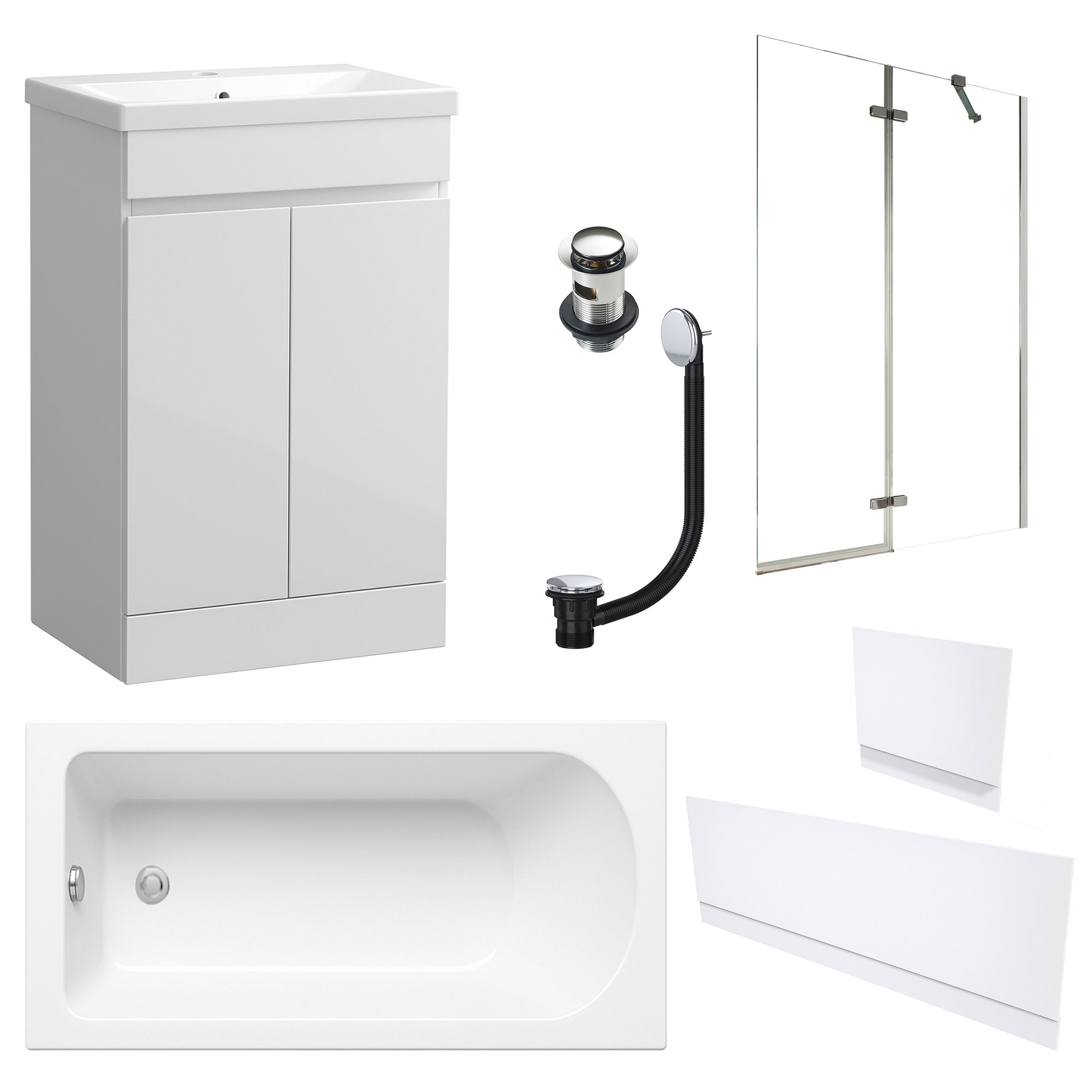 Waterproof 500mm Vanity Unit with Single Ended Bath, Gloss White Panels, Chrome Screen, Bath & Slotted Basin Waste