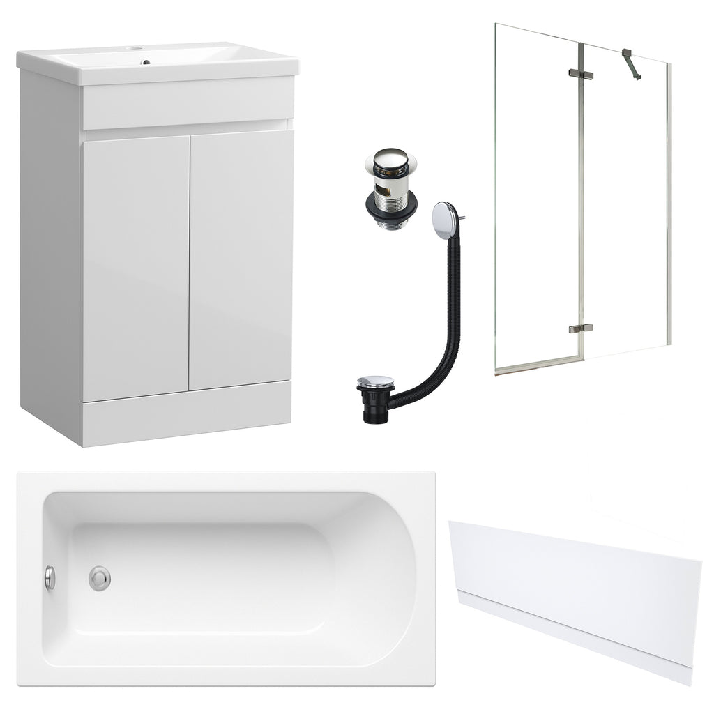 Waterproof 500mm Vanity Unit with Single Ended Bath, Gloss White Front Panel, Chrome Screen, Bath & Slotted Basin Waste