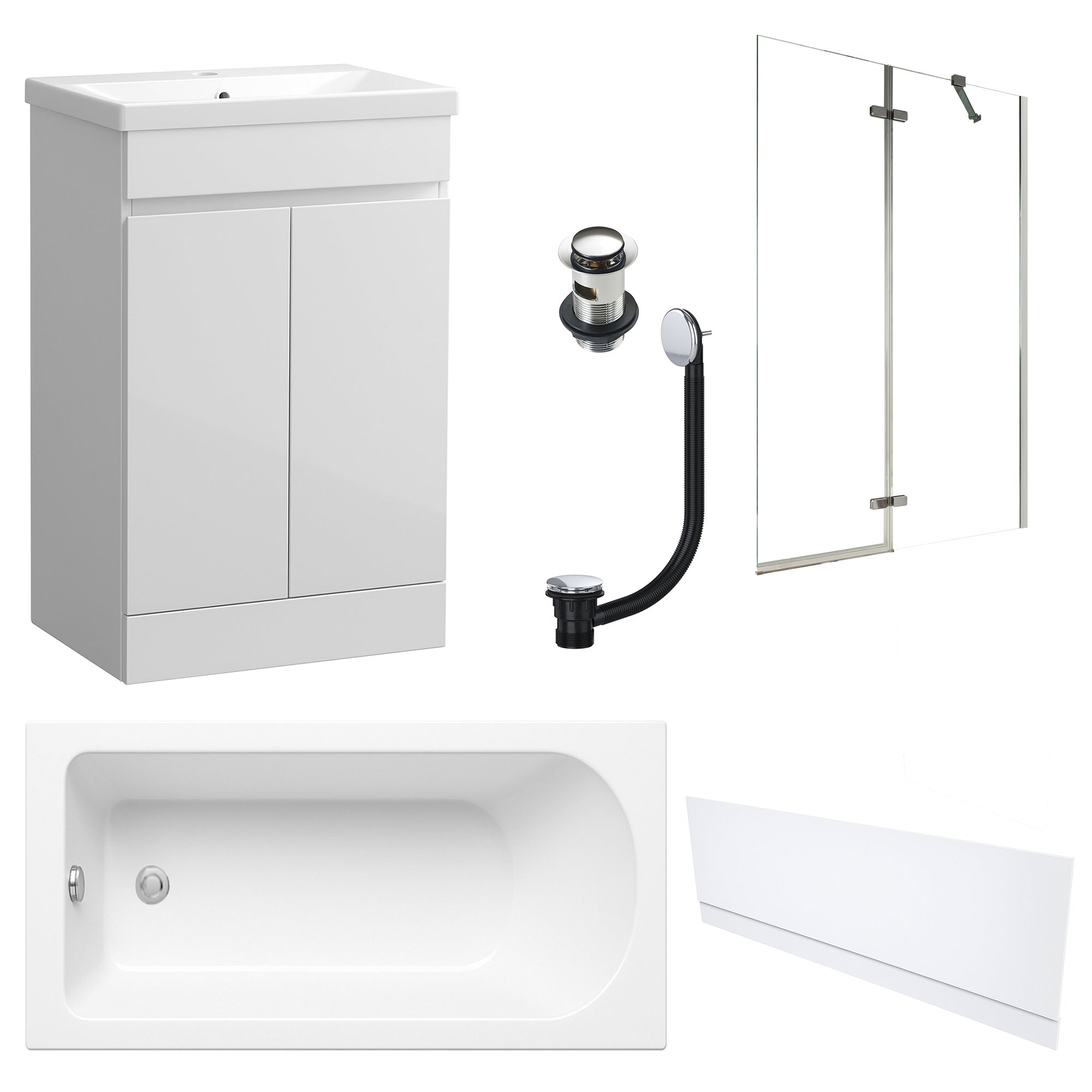 Waterproof 500mm Vanity Unit with Single Ended Bath, Gloss White Front Panel, Chrome Screen, Bath & Slotted Basin Waste