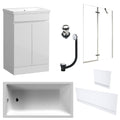 Waterproof 500mm Vanity Unit with Single Ended Bath, Gloss White Panels, Chrome Screen, Bath & Slotted Basin Waste
