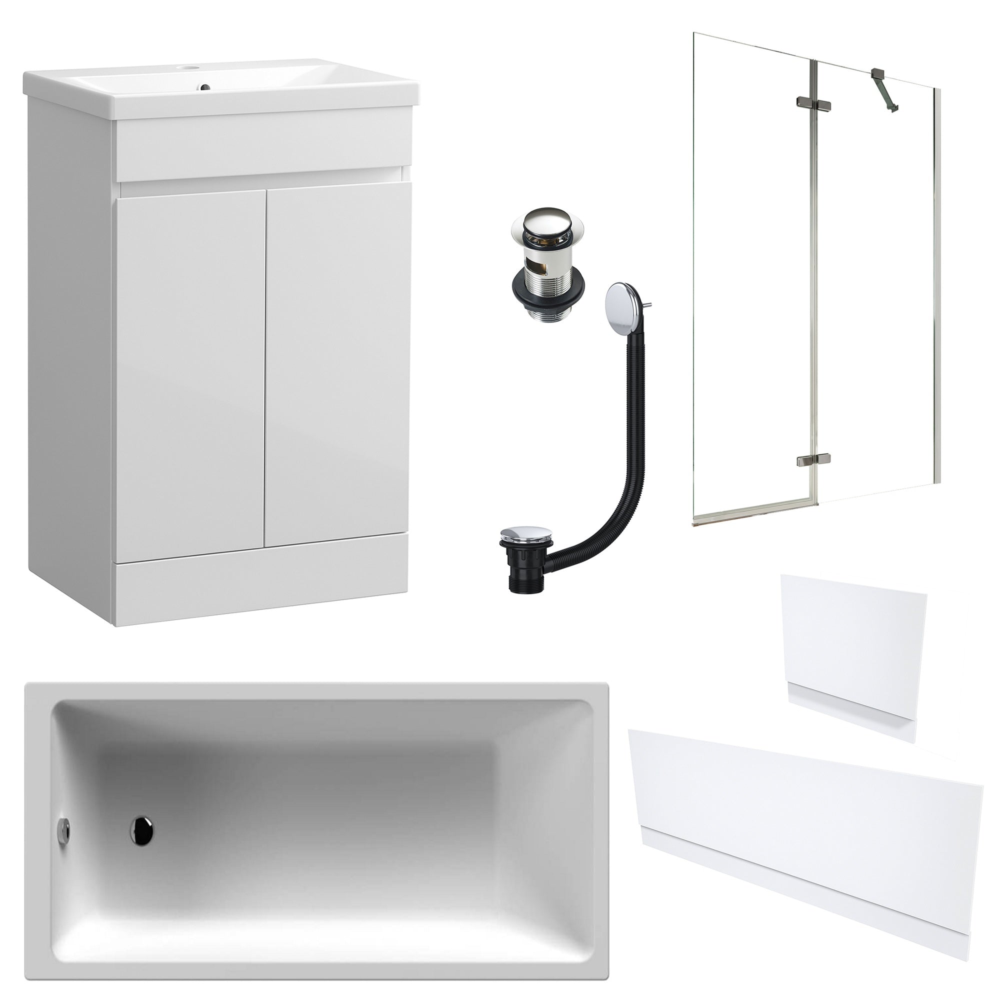Waterproof 500mm Vanity Unit with Single Ended Bath, Gloss White Panels, Chrome Screen, Bath & Slotted Basin Waste