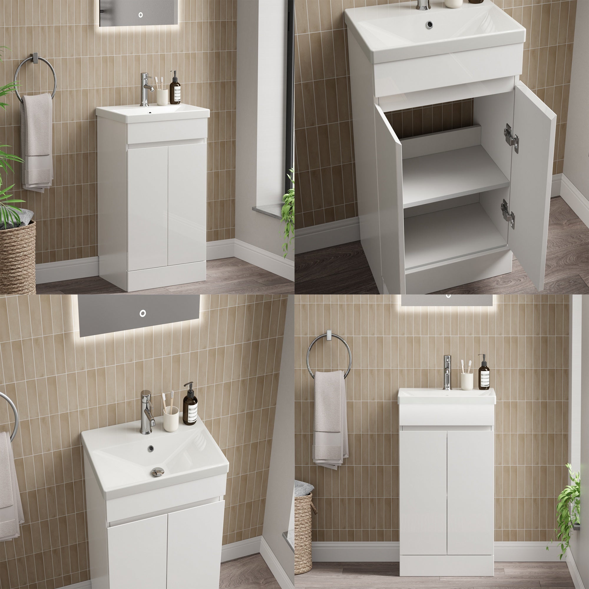 Waterproof 500mm Vanity Unit with Single Ended Bath, Gloss White Panels, Chrome Screen, Bath & Slotted Basin Waste