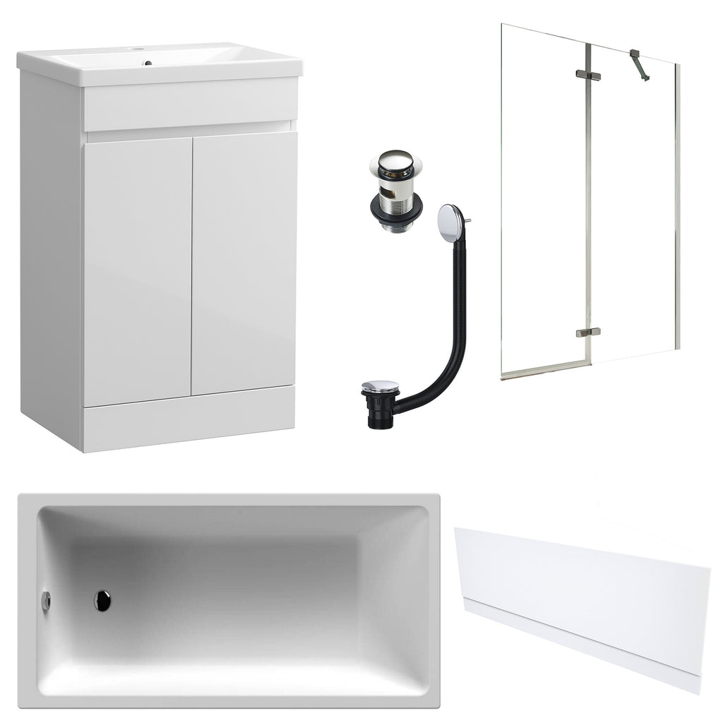 Waterproof 500mm Vanity Unit with Single Ended Bath, Gloss White Front Panel, Chrome Screen, Bath & Slotted Basin Waste
