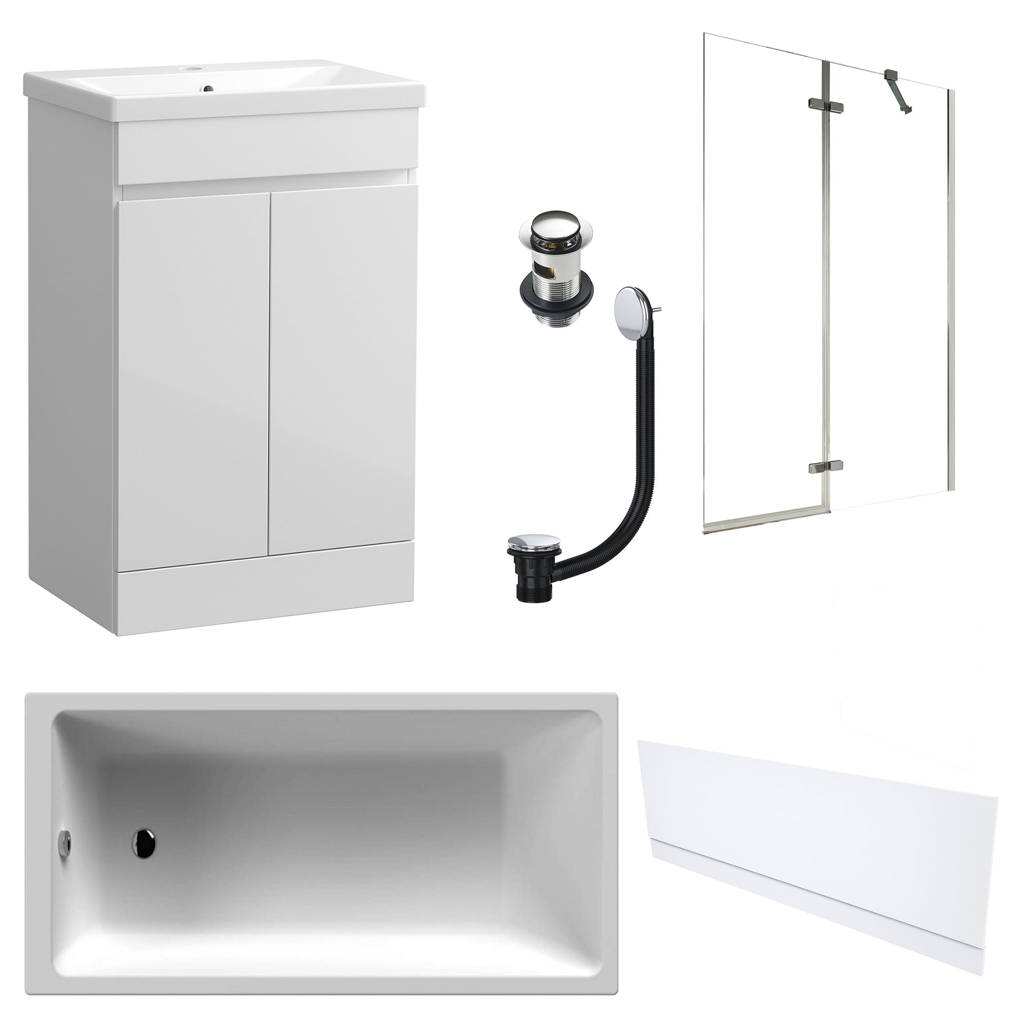 Waterproof 500mm Vanity Unit with Single Ended Bath, Gloss White Front Panel, Chrome Screen, Bath & Slotted Basin Waste