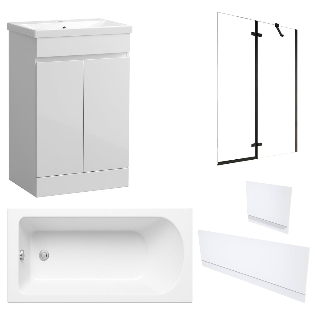 Waterproof 500mm Vanity Unit with Single Ended Bath, Gloss White Panels & Matt Black Profile Bath Screen