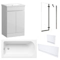Waterproof 500mm Vanity Unit with Single Ended Bath, Gloss White Panels & Matt Black Profile Bath Screen
