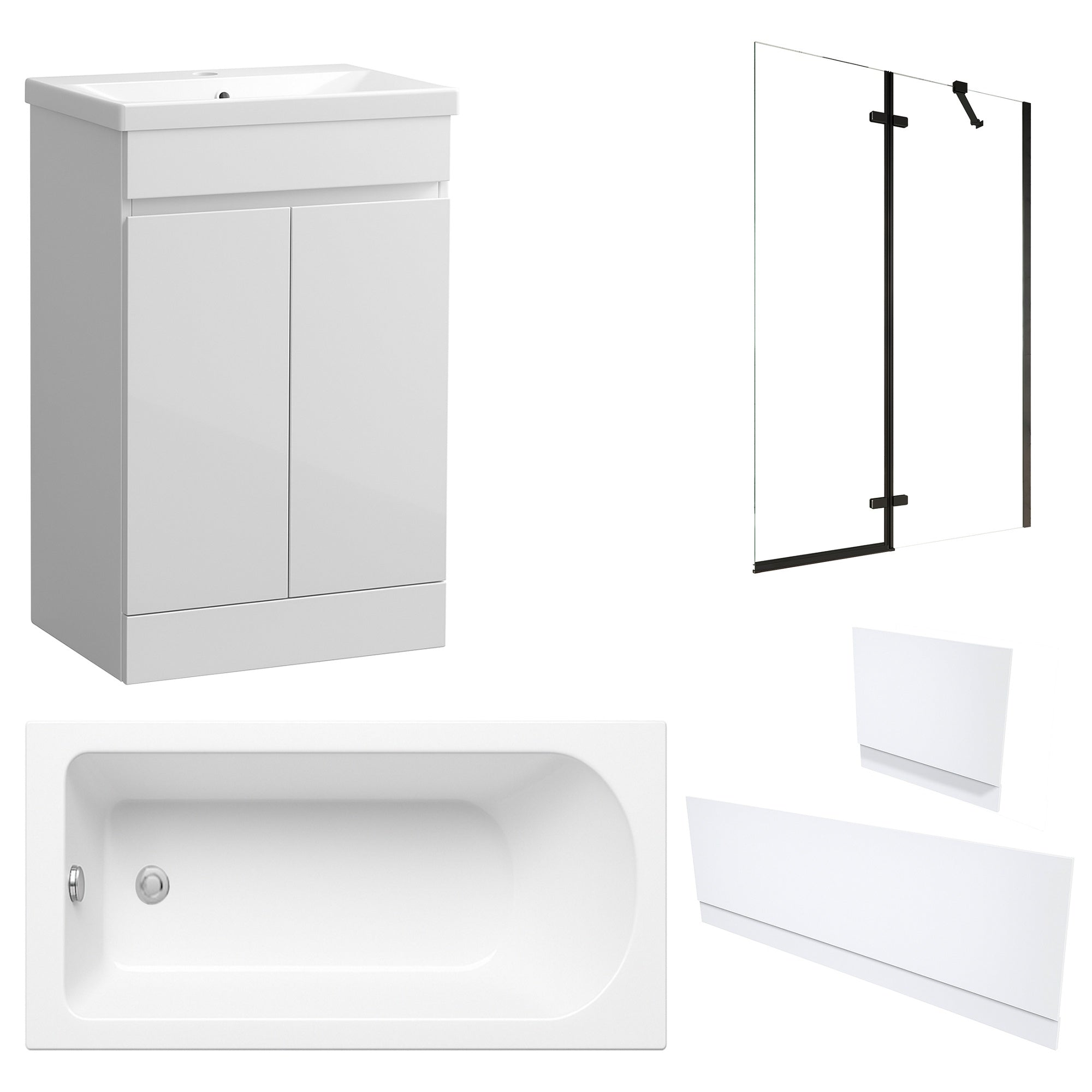 Waterproof 500mm Vanity Unit with Single Ended Bath, Gloss White Panels & Matt Black Profile Bath Screen