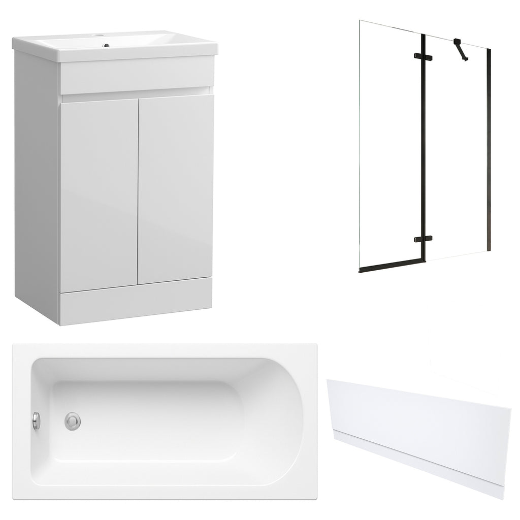 Waterproof 500mm Vanity Unit with Single Ended Bath, Gloss White Front Panel & Matt Black Profile Bath Screen