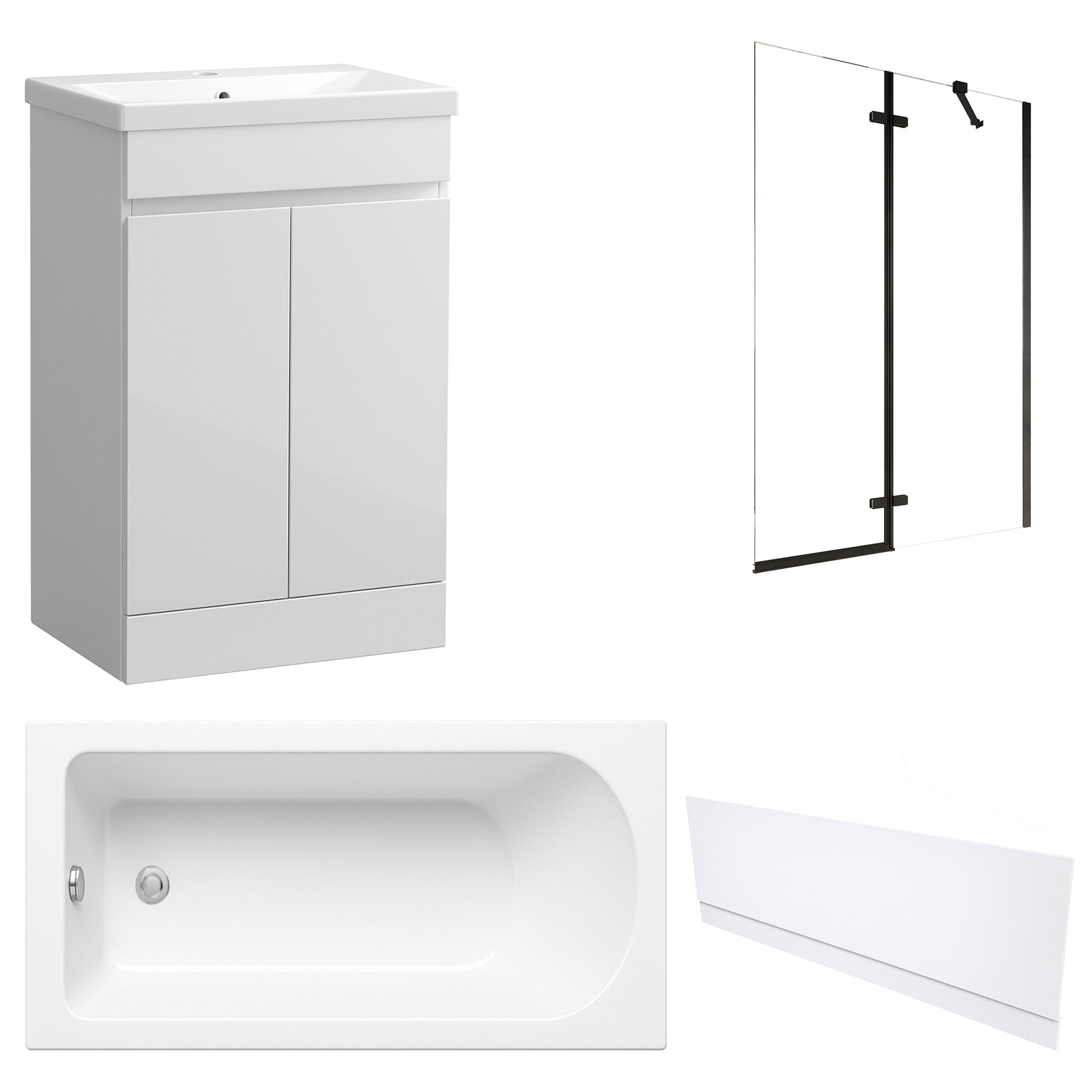 Waterproof 500mm Vanity Unit with Single Ended Bath, Gloss White Front Panel & Matt Black Profile Bath Screen