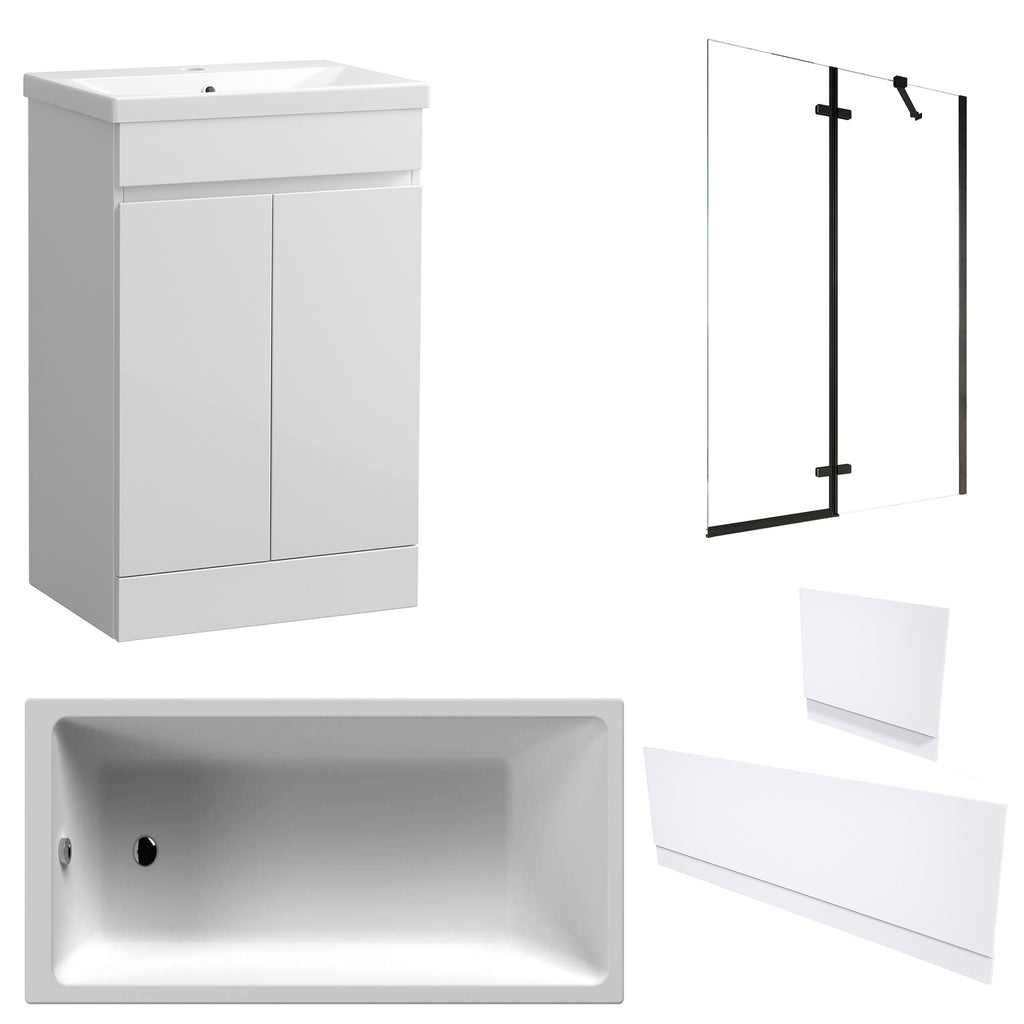 Waterproof 500mm Vanity Unit with Single Ended Bath, Gloss White Panels & Matt Black Profile Bath Screen