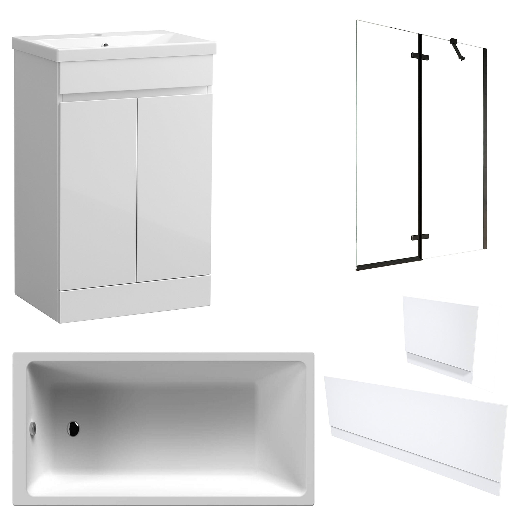 Waterproof 500mm Vanity Unit with Single Ended Bath, Gloss White Panels & Matt Black Profile Bath Screen
