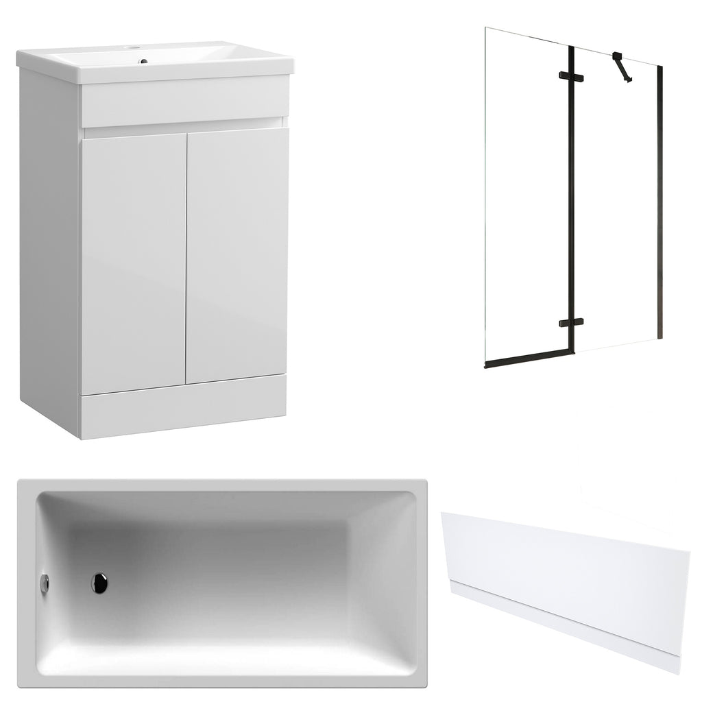 Waterproof 500mm Vanity Unit with Single Ended Bath, Gloss White Front Panel & Matt Black Profile Bath Screen