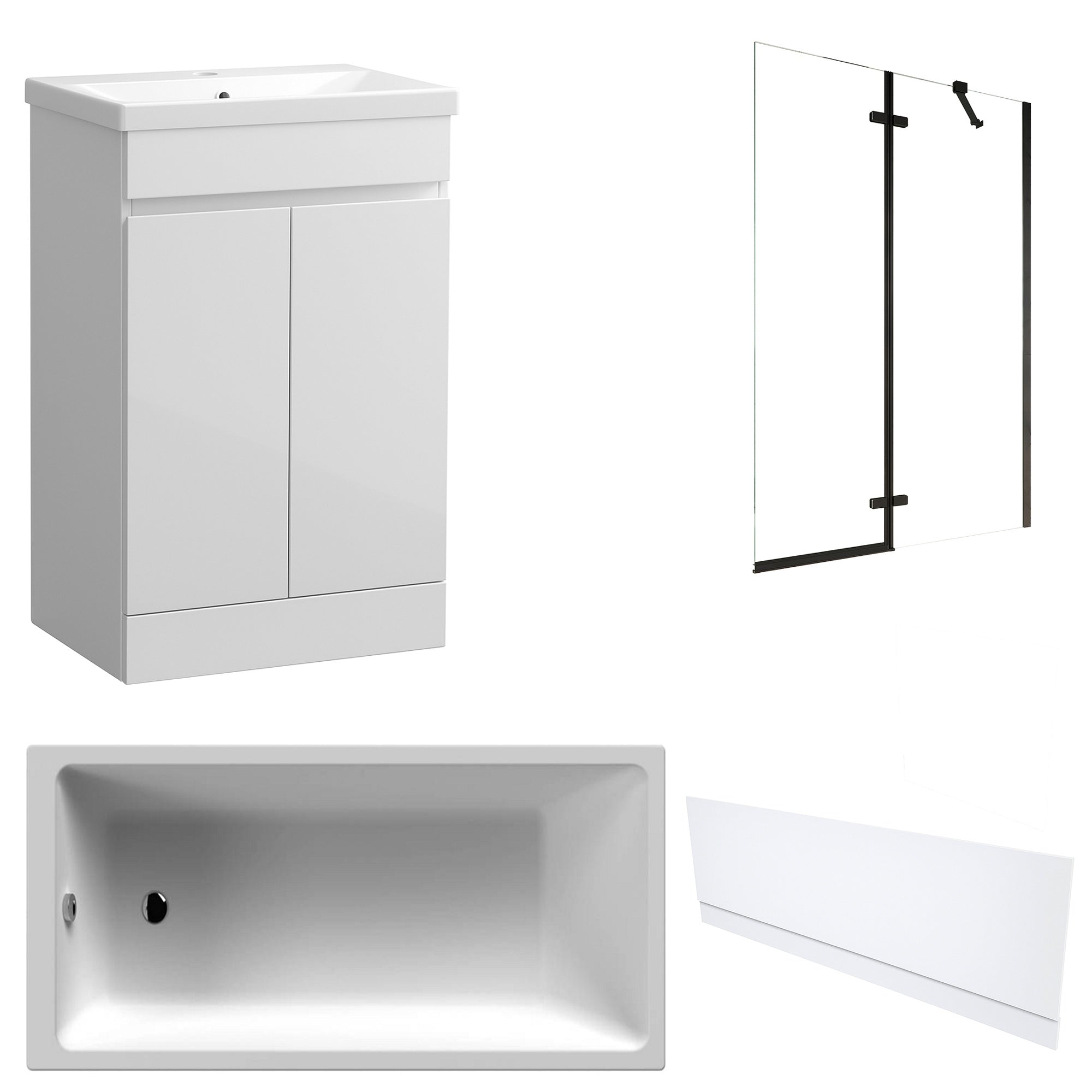 Waterproof 500mm Vanity Unit with Single Ended Bath, Gloss White Front Panel & Matt Black Profile Bath Screen