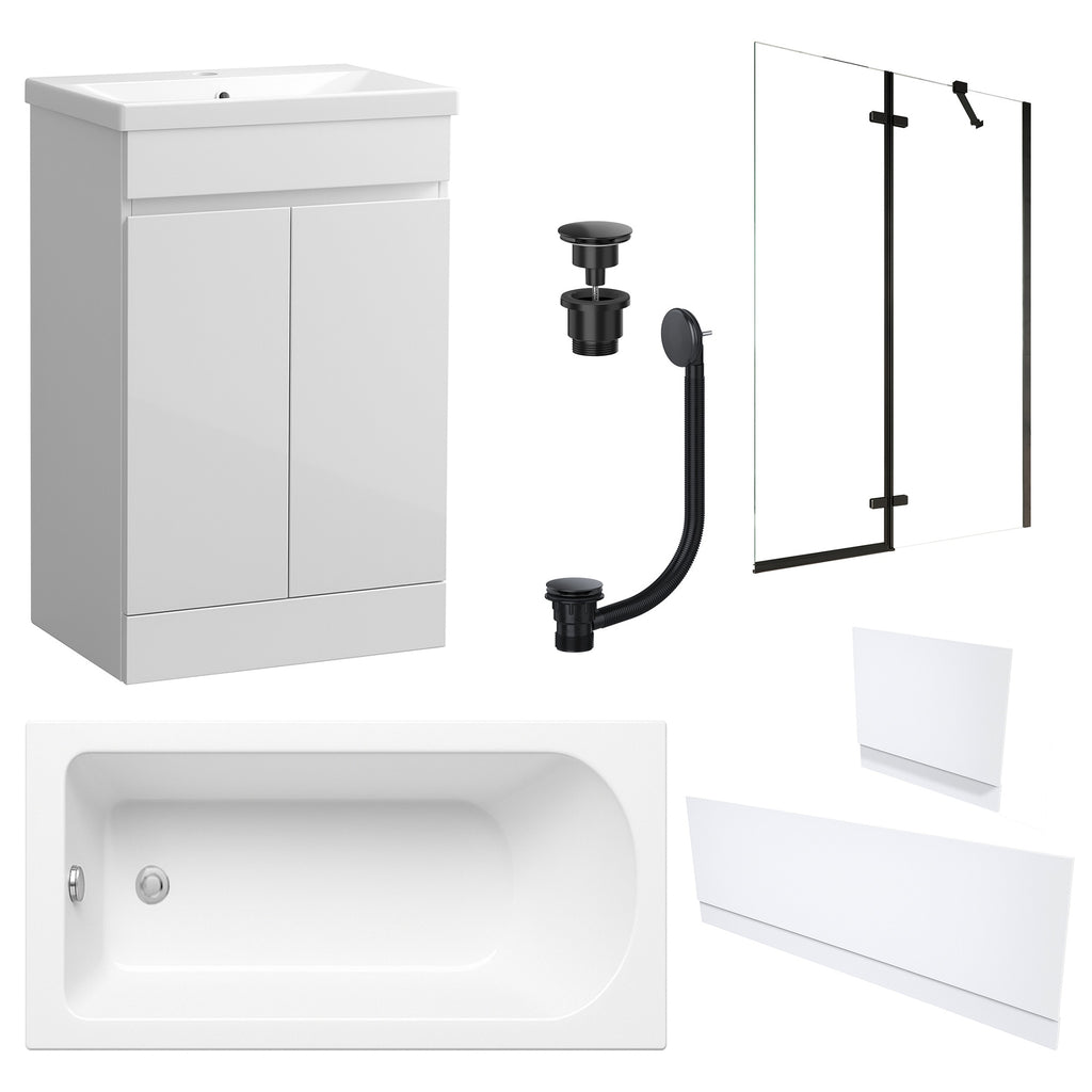 Waterproof 500mm Vanity Unit with Single Ended Bath, Gloss White Panels, Matt Black Screen, Bath & Universal Basin Waste
