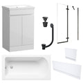 Waterproof 500mm Vanity Unit with Single Ended Bath, Gloss White Panels, Matt Black Screen, Bath & Universal Basin Waste